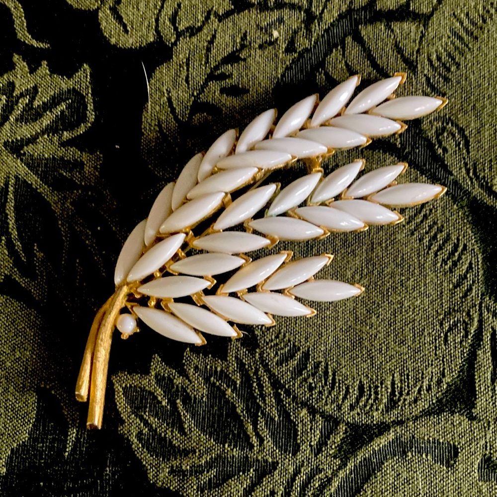 Crown Trifari White Lucite wheat leaf brooch